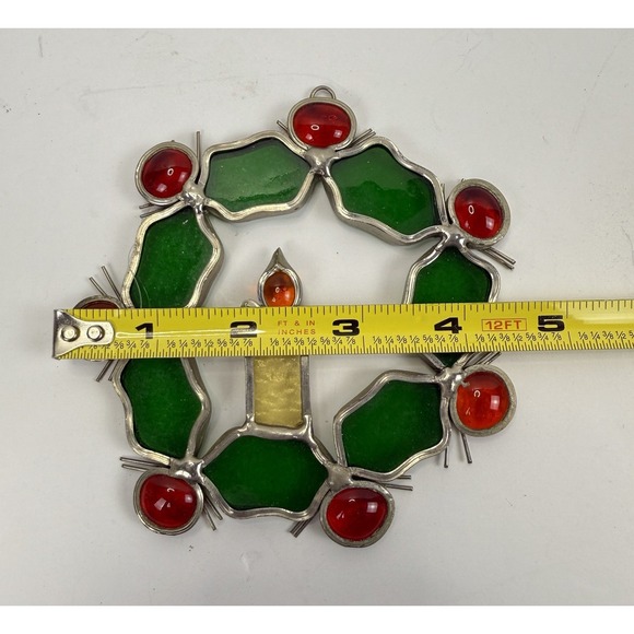 4" Holly Wreath Stained Glass Sun Catcher Christmas Holiday Vintage Hand Made - Picture 7 of 7